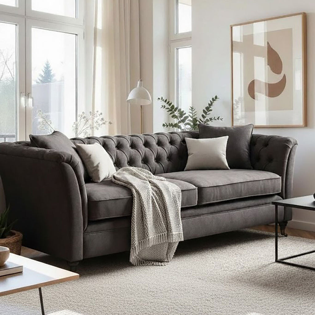 Orsina Sabrina 3 Seater Grey Velvet Sofa | Button Tufted Living Room Couch