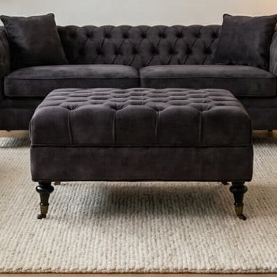 Orsina Sabrina Grey Velvet Ottoman – Tufted Footrest with Castor Wheels