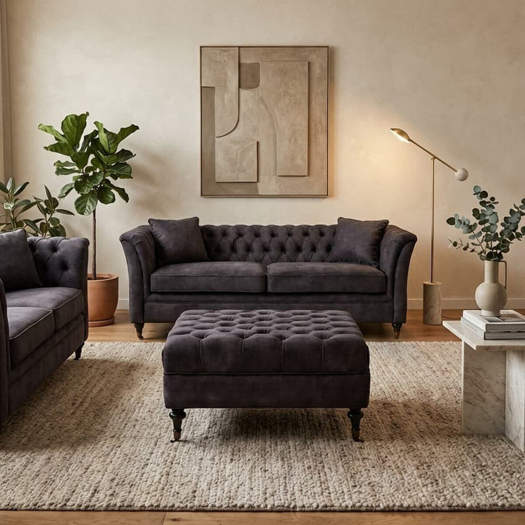 Orsina Sabrina Grey Velvet Ottoman – Tufted Footrest with Castor Wheels