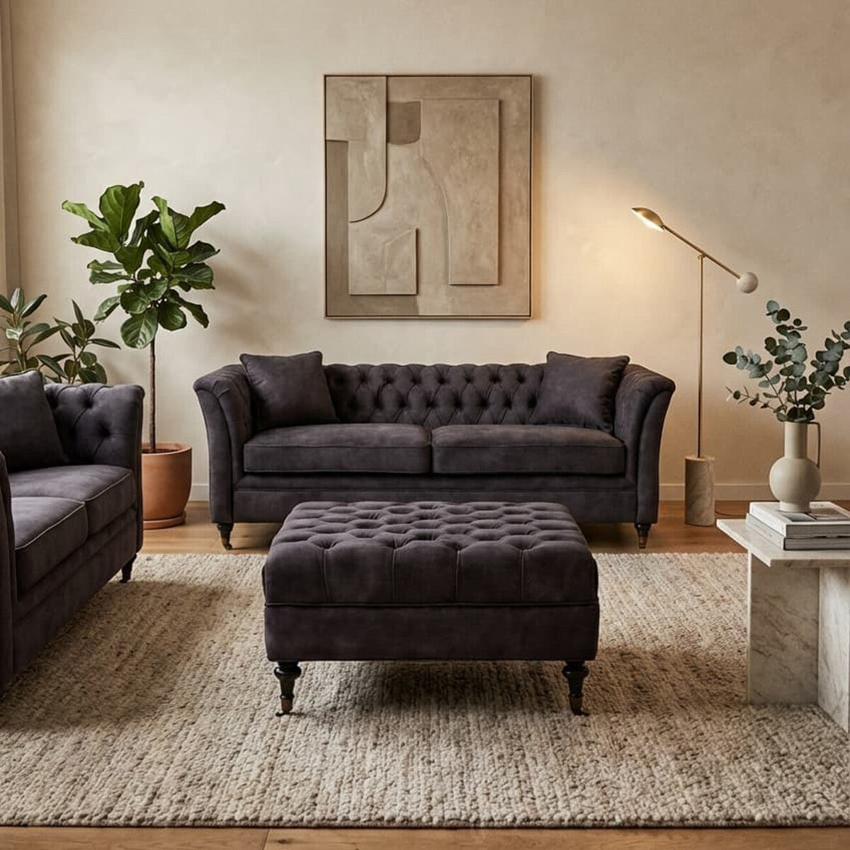 Orsina Sabrina Grey Velvet Ottoman – Tufted Footrest with Castor Wheels