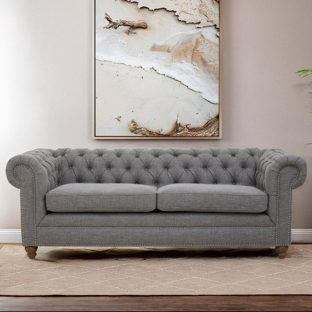 Orsina Stella 3 Seater Grey Linen Chesterfield Sofa – Tufted Design