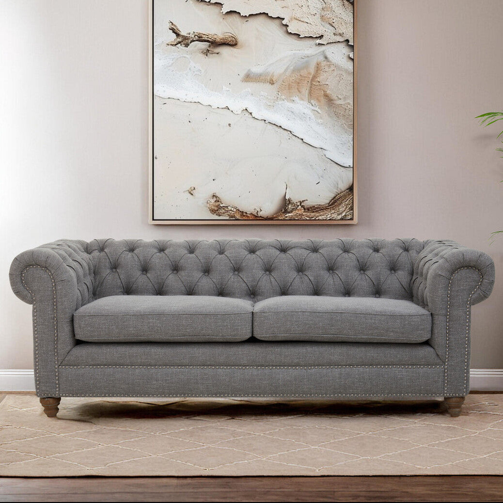Orsina Stella 3 Seater Grey Linen Chesterfield Sofa – Tufted Design
