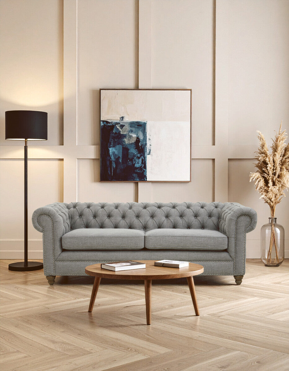 Orsina Stella 3 Seater Grey Linen Chesterfield Sofa – Tufted Design