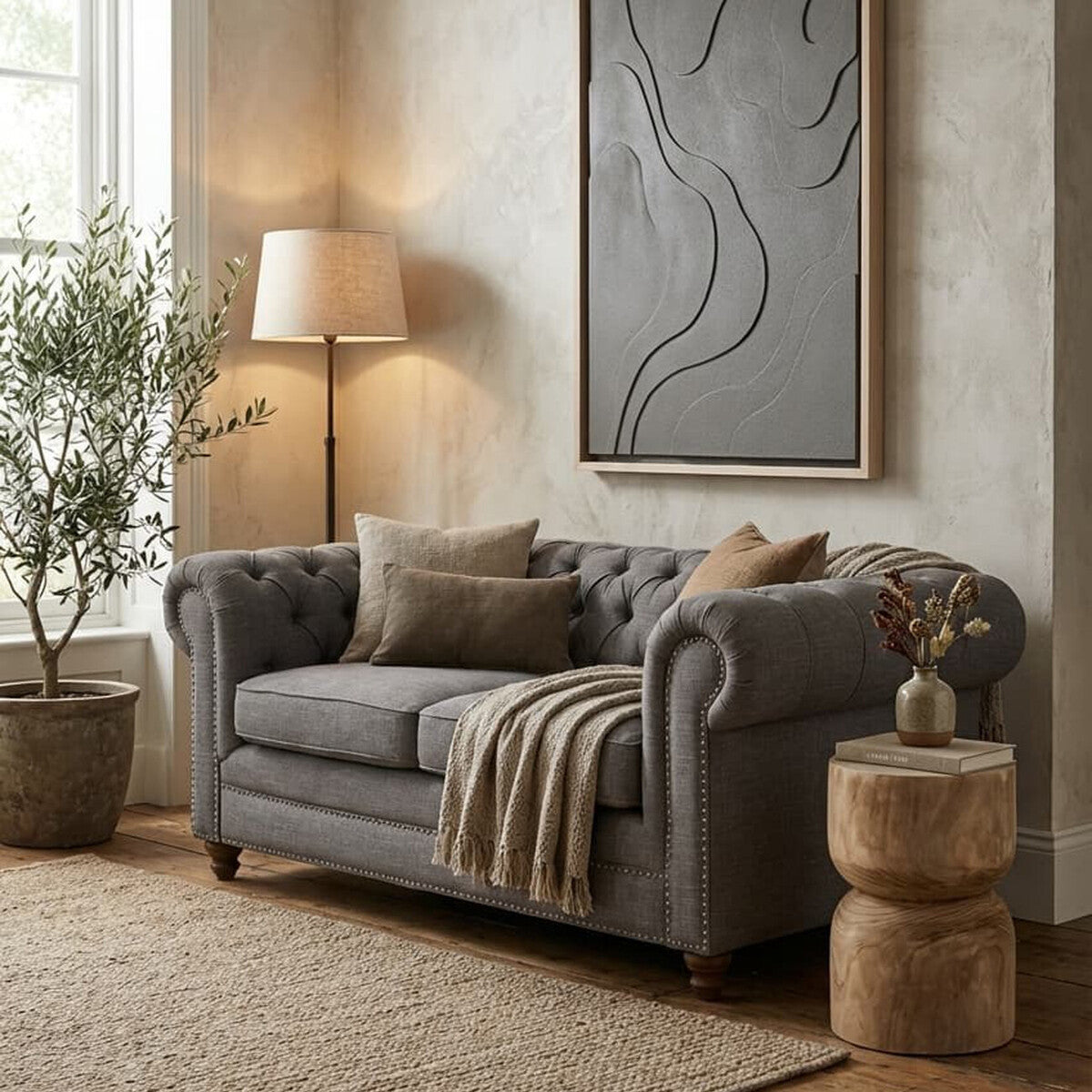 Orsina Stella 2 Seater Grey Linen Sofa – Tufted Chesterfield Loveseat