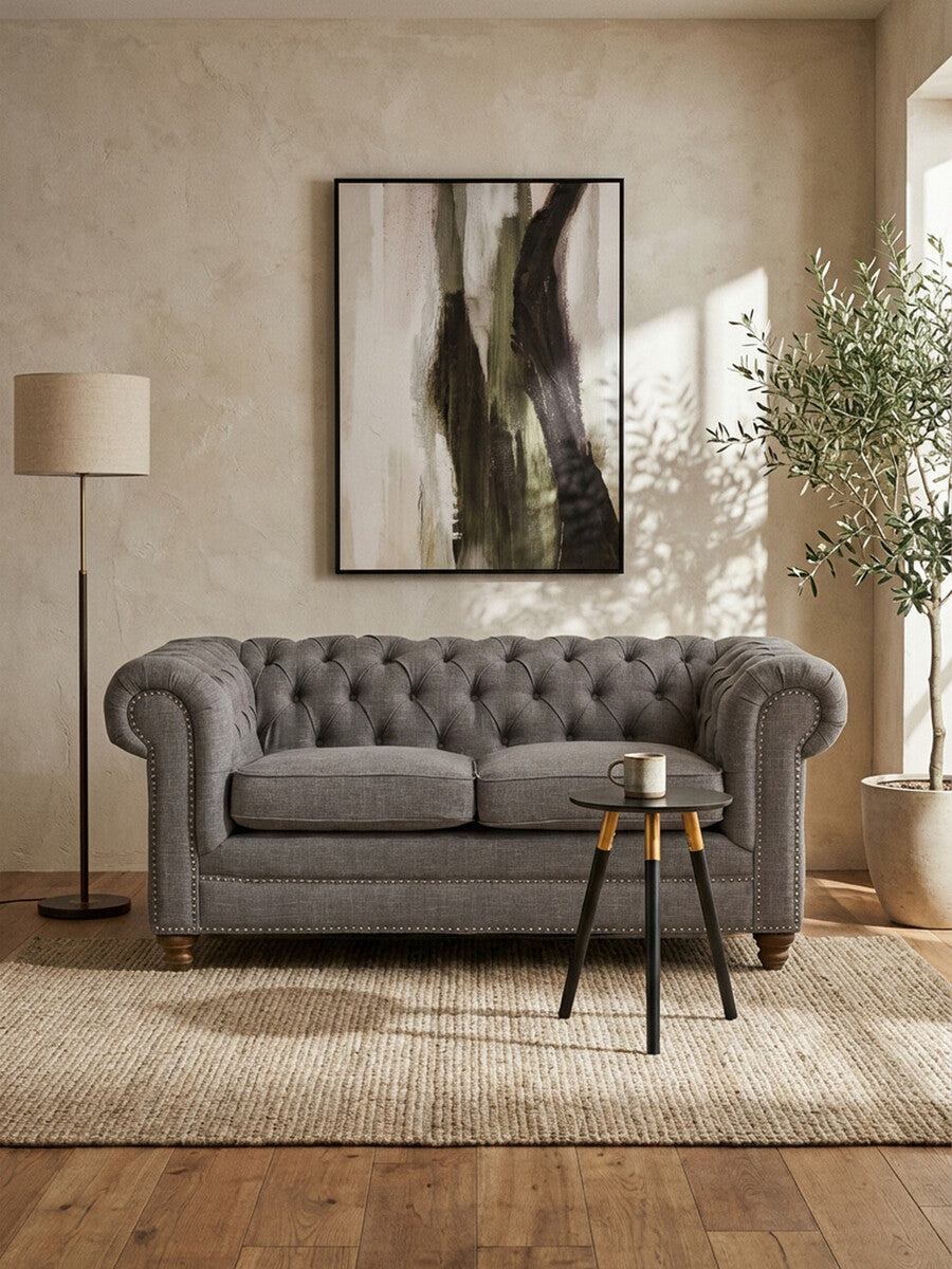 Orsina Stella 2 Seater Grey Linen Sofa – Tufted Chesterfield Loveseat