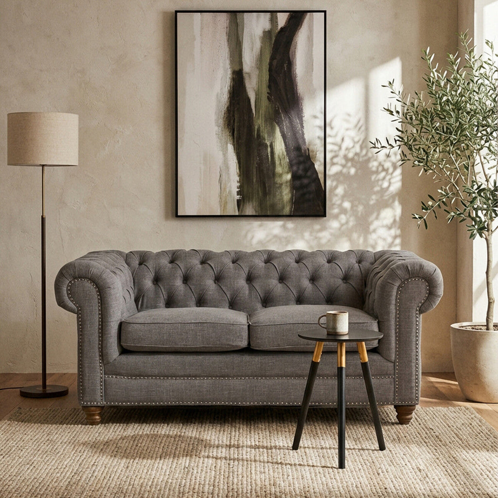 Orsina Stella 2 Seater Grey Linen Sofa – Tufted Chesterfield Loveseat