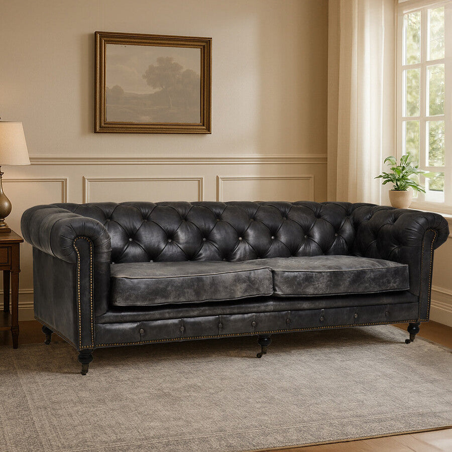 Orsina Hoxton 3 Seater Antique Black Chesterfield Leather Sofa