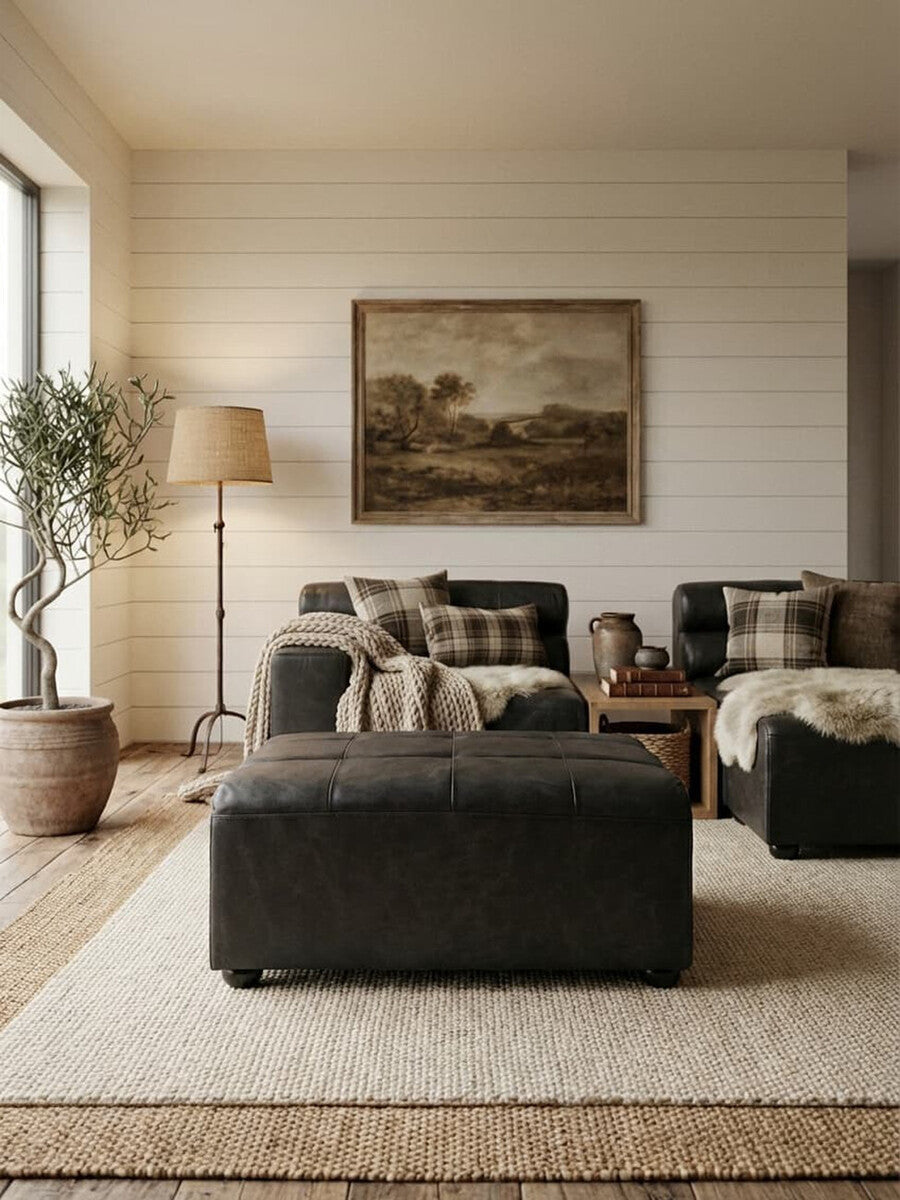 Orsina King Antique Black Leather Modular Ottoman | Modern Footstool