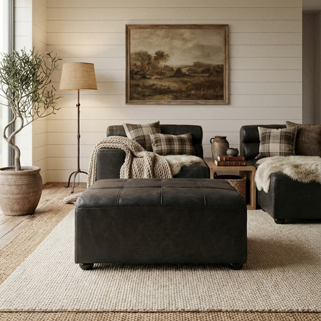 Orsina King Antique Black Leather Modular Ottoman | Modern Footstool