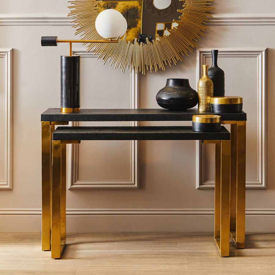 Orsina Cardoba Black Shagreen Console Tables | Set of 2 Gold Base