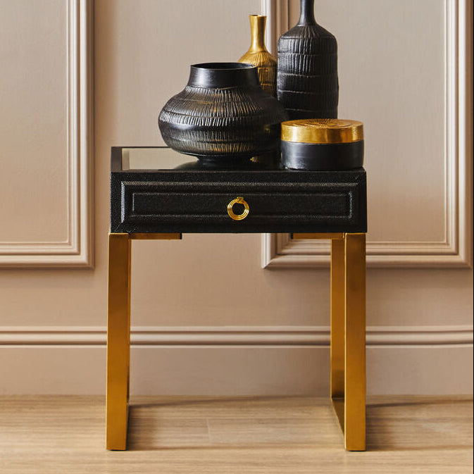 Orsina Cardoba Black Faux Shagreen Side Table with Gold Legs