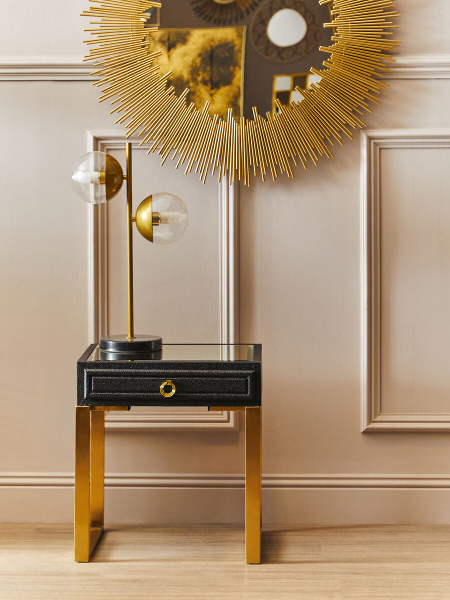 Orsina Cardoba Black Faux Shagreen Side Table with Gold Legs