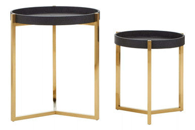 Orsina Cardoba Black Faux Shagreen Tray Tables with Gold Legs, Set of 2
