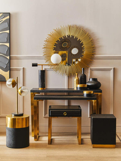 Orsina Cardoba Black Shagreen Side Table & Stool with Gold Top