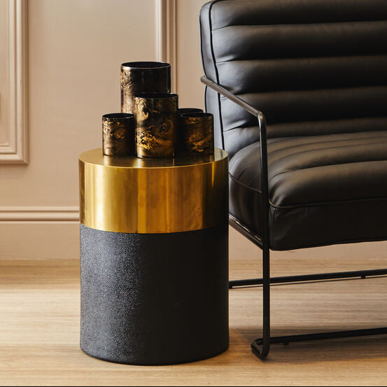 Orsina Cardoba Black Shagreen Side Table & Stool with Gold Top