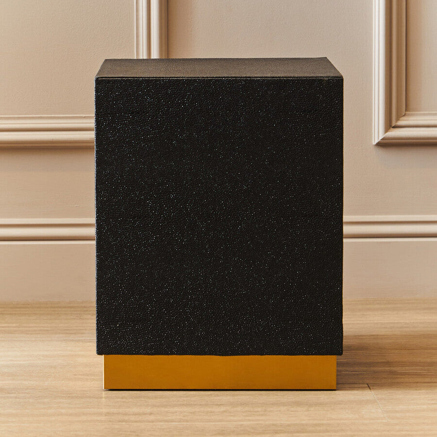 Orsina Cardoba Black Shagreen Square Side Table & Stool | Gold Base