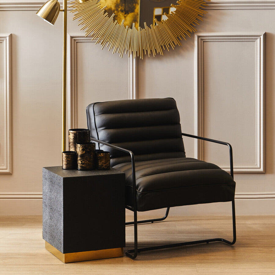 Orsina Cardoba Black Shagreen Square Side Table & Stool | Gold Base