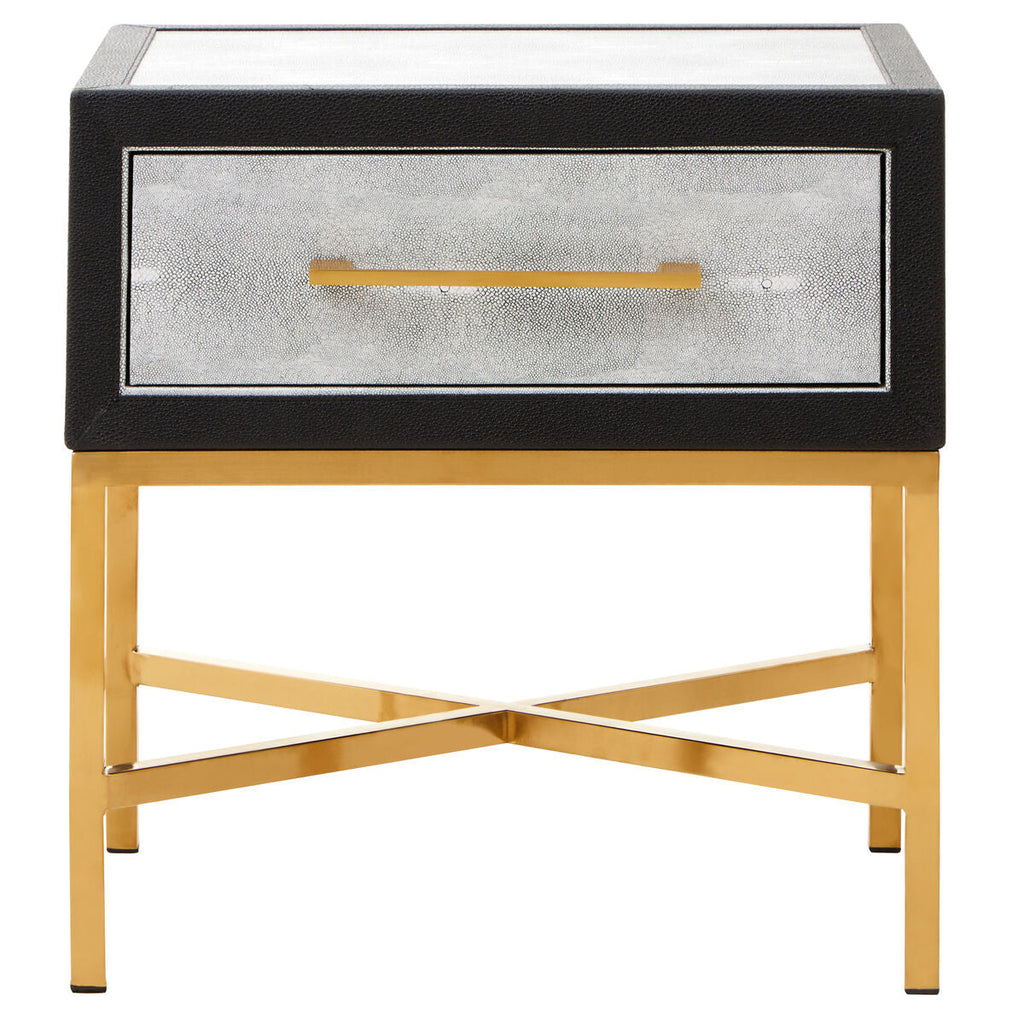 Orsina Cadiz Grey Shagreen Side Table – Gold Cross Legs & Drawer