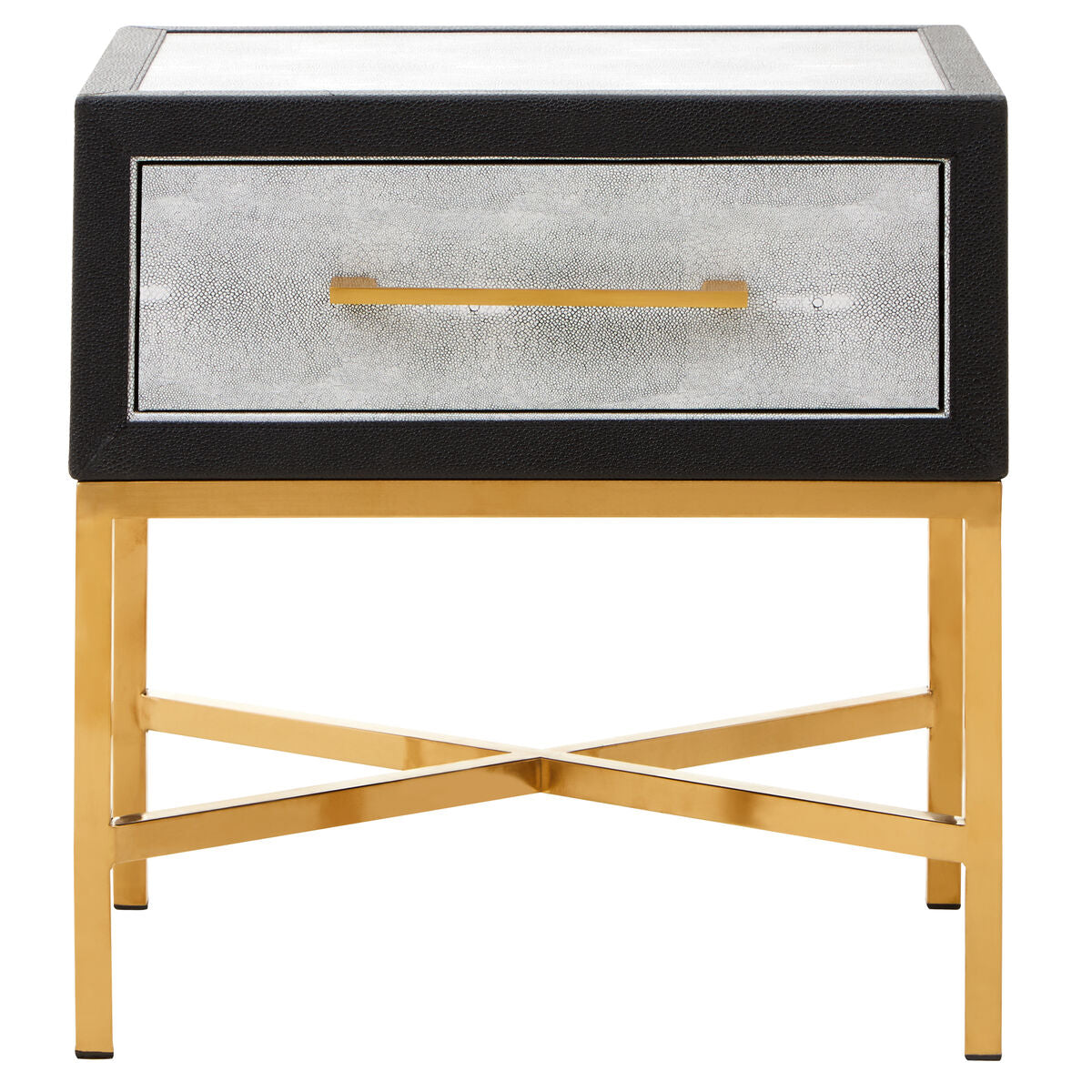 Orsina Cadiz Grey Shagreen Side Table – Gold Cross Legs & Drawer