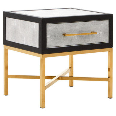 Orsina Cadiz Grey Shagreen Side Table – Gold Cross Legs & Drawer
