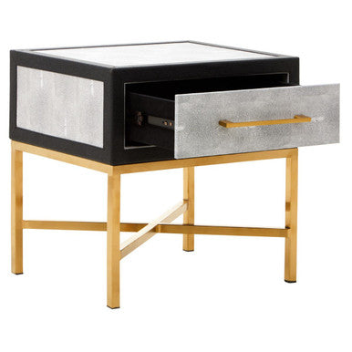 Orsina Cadiz Grey Shagreen Side Table – Gold Cross Legs & Drawer