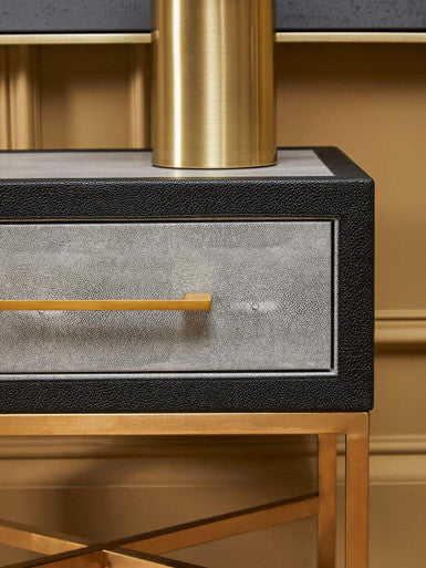 Orsina Cadiz Grey Shagreen Side Table – Gold Cross Legs & Drawer