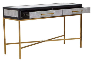Orsina Cadiz Grey Shagreen 2-Drawer Console Table | Matte Gold Frame