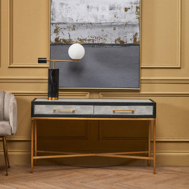 Orsina Cadiz Grey Shagreen 2-Drawer Console Table | Matte Gold Frame