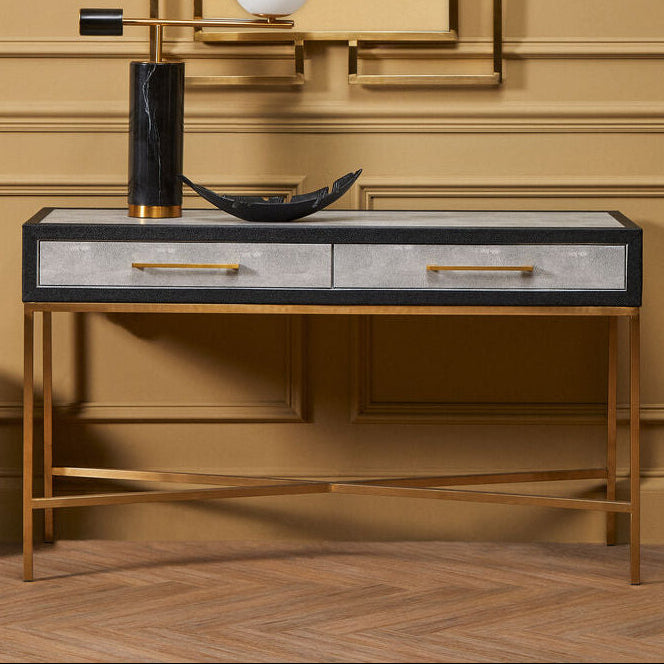 Orsina Cadiz Grey Shagreen 2-Drawer Console Table | Matte Gold Frame