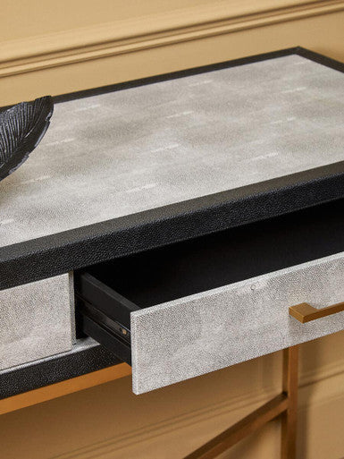 Orsina Cadiz Grey Shagreen 2-Drawer Console Table | Matte Gold Frame