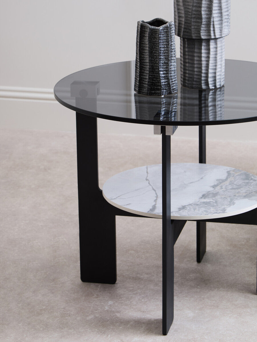Orsina Imperia Round Grey Glass Coffee Table with Marble Shelf