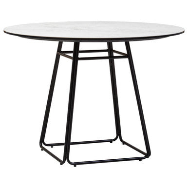 Orsina Imperia Round White Ceramic Marble Dining Table | Black Metal Base