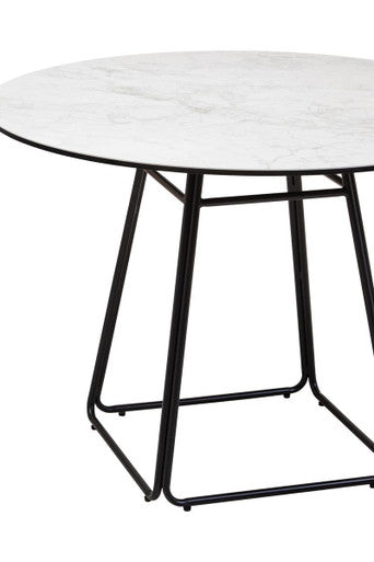 Orsina Imperia Round White Ceramic Marble Dining Table | Black Metal Base