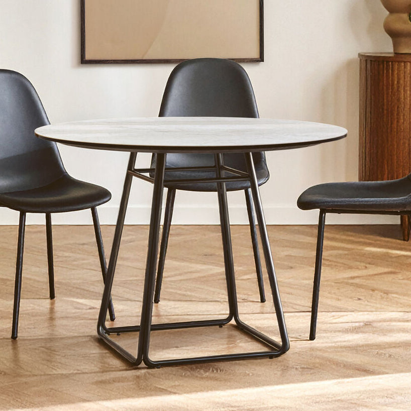 Orsina Imperia Round White Ceramic Marble Dining Table | Black Metal Base