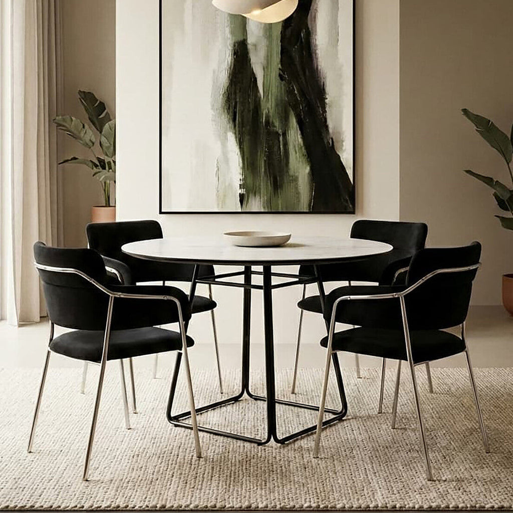 Orsina Imperia Round White Ceramic Marble Dining Table | Black Metal Base