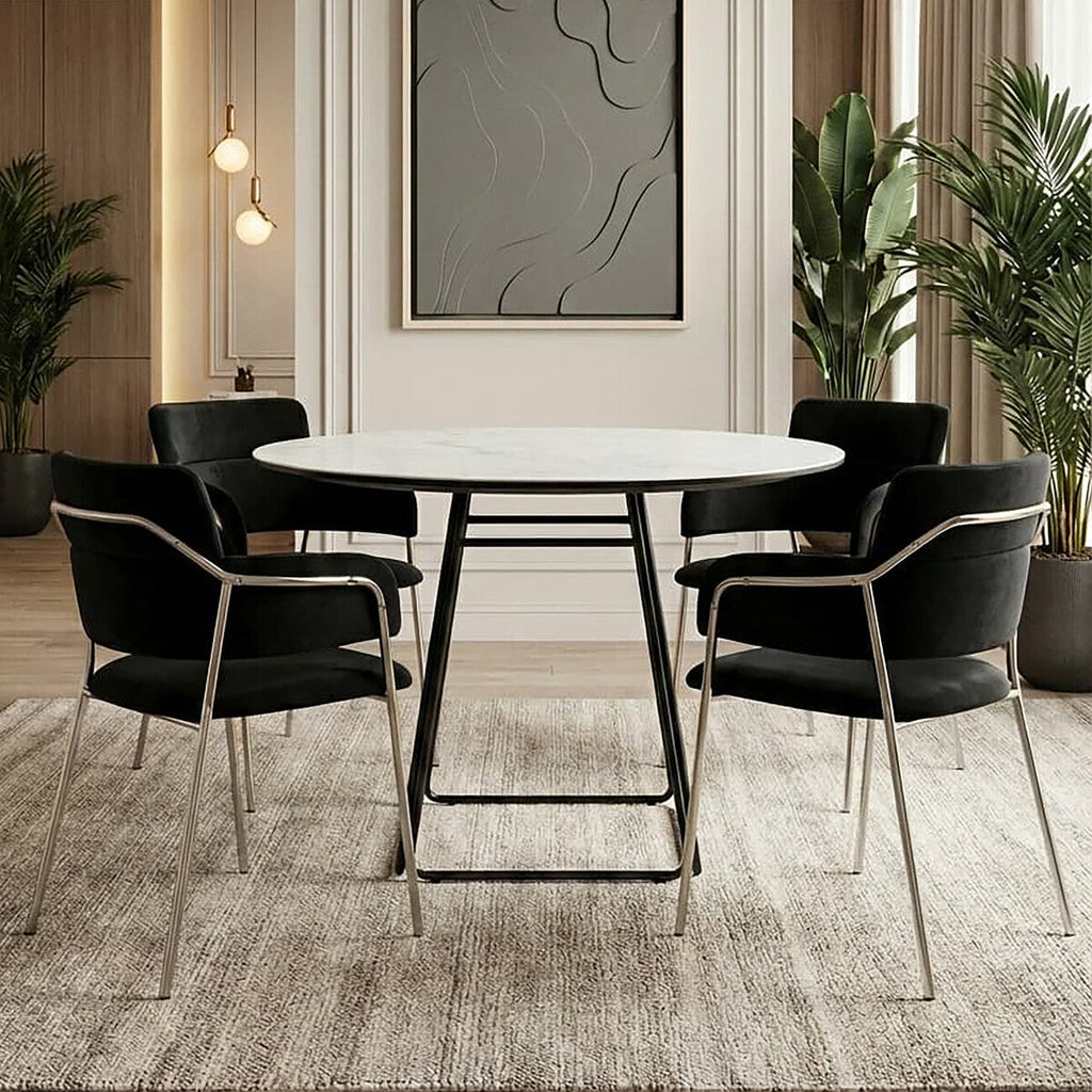 Orsina Imperia Round White Ceramic Marble Dining Table | Black Metal Base