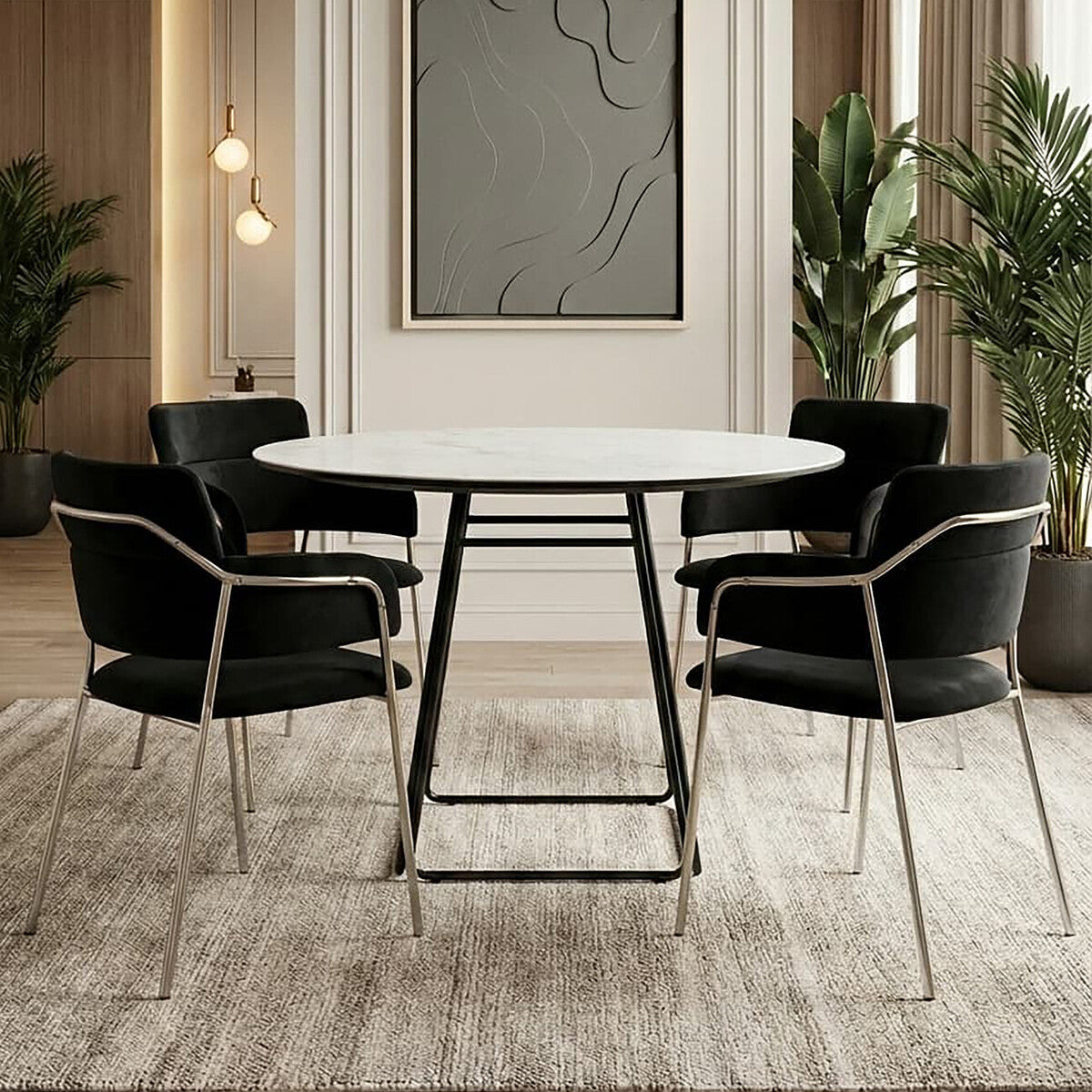 Orsina Imperia Round White Ceramic Marble Dining Table | Black Metal Base