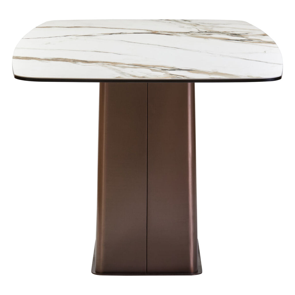 Orsina Imperia White Marble Ceramic Dining Table | Brushed Bronze Base