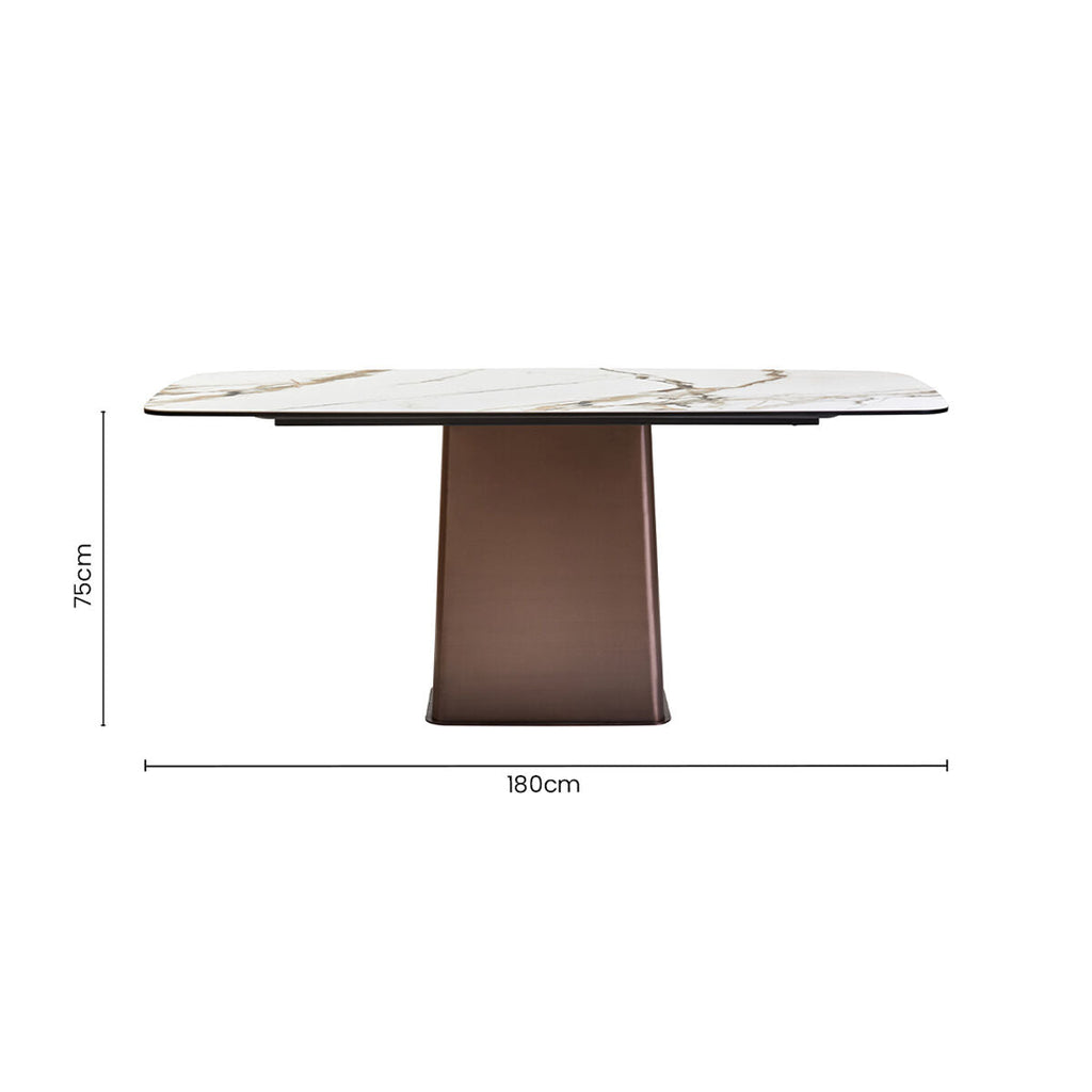 Orsina Imperia White Marble Ceramic Dining Table | Brushed Bronze Base
