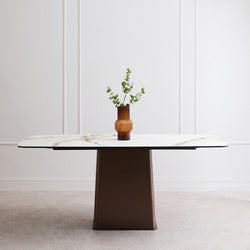Orsina Imperia White Marble Ceramic Dining Table | Brushed Bronze Base