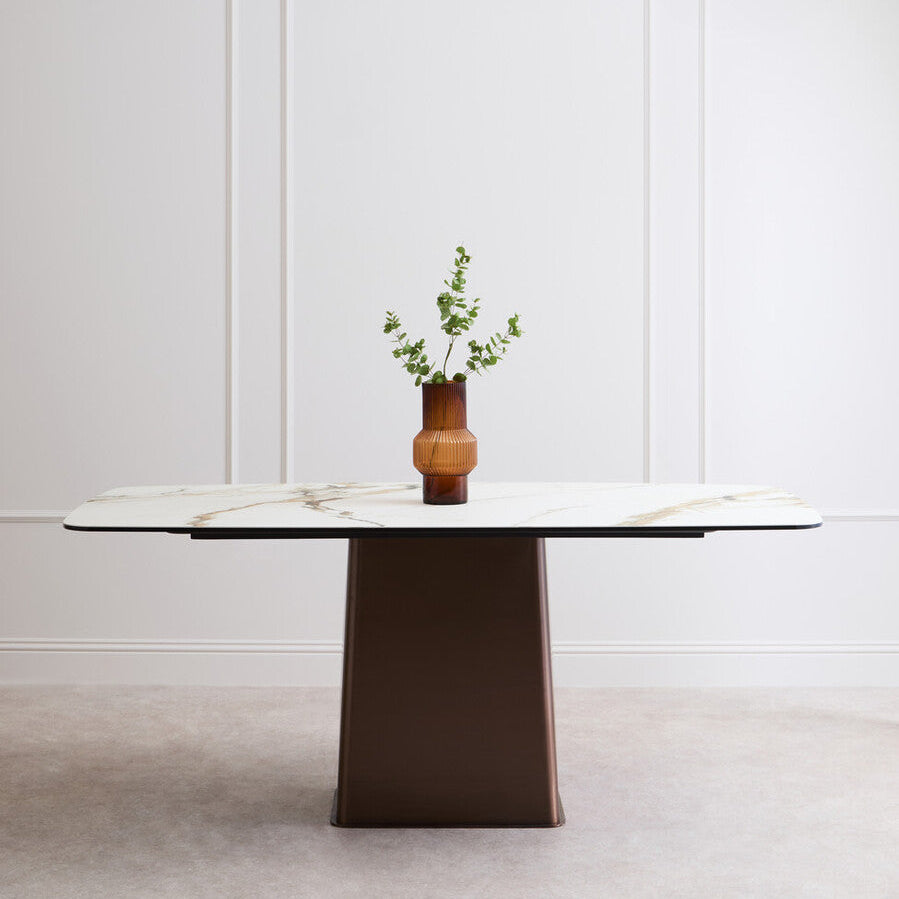 Orsina Imperia White Marble Ceramic Dining Table | Brushed Bronze Base