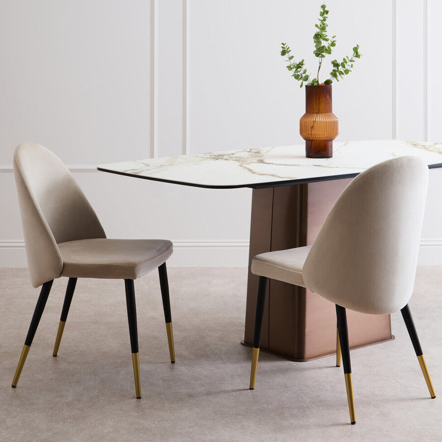 Orsina Imperia White Marble Ceramic Dining Table | Brushed Bronze Base