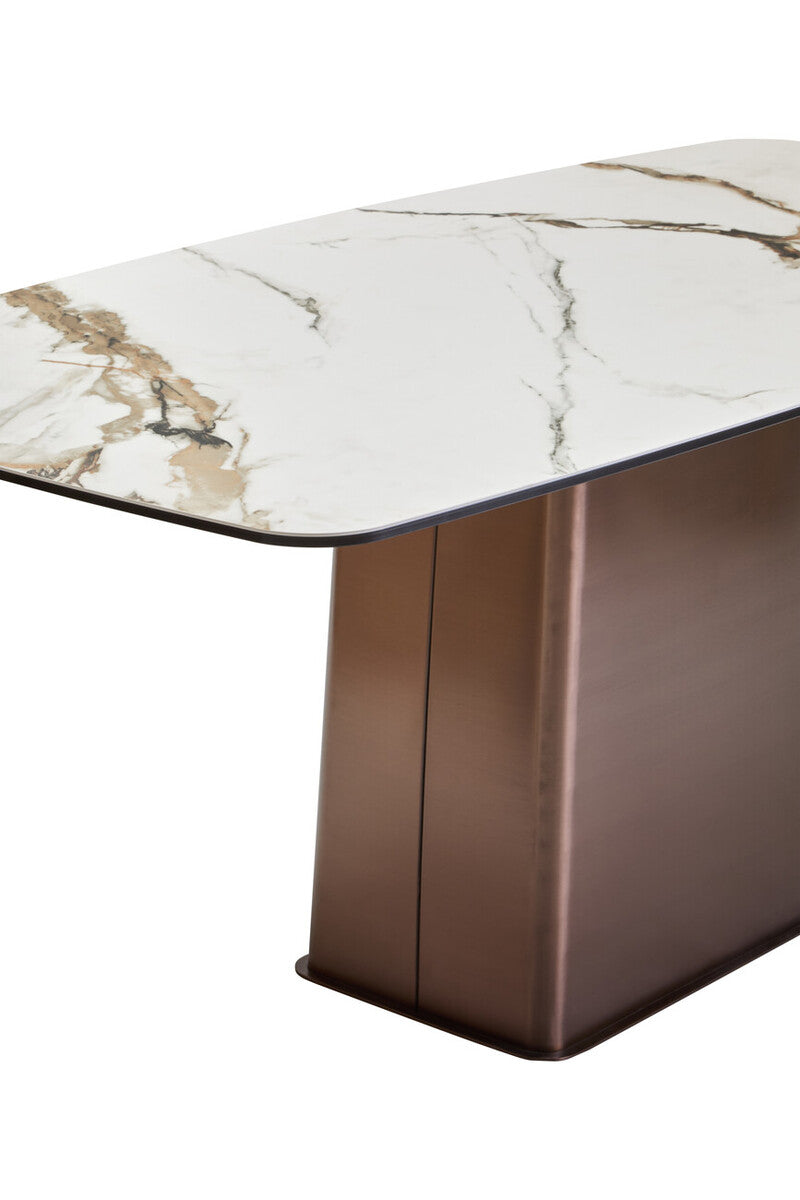 Orsina Imperia White Marble Ceramic Dining Table | Brushed Bronze Base