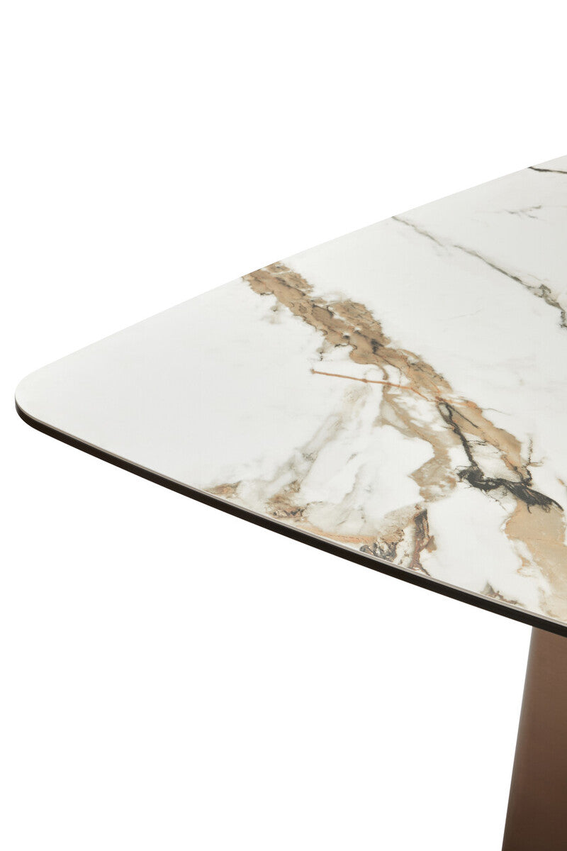 Orsina Imperia White Marble Ceramic Dining Table | Brushed Bronze Base