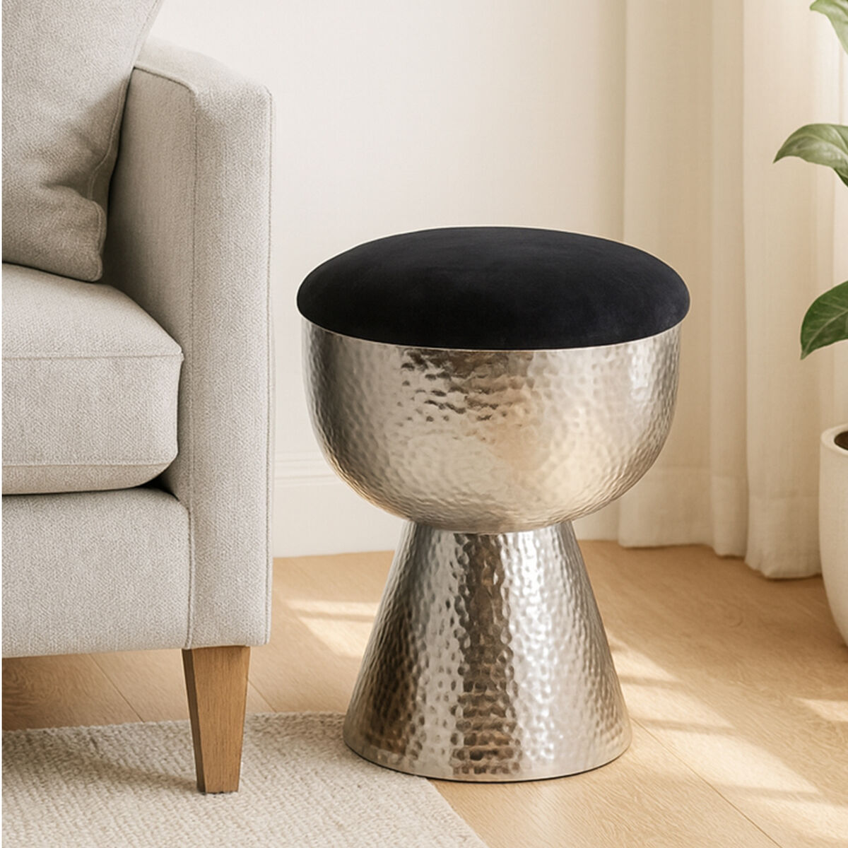 Orsina Jaipur Velvet Stool – Modern Black and Silver Vanity Seat