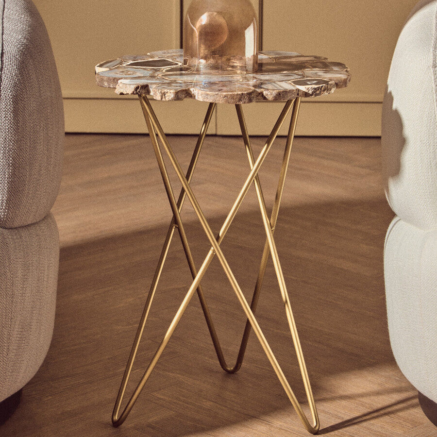 Orsina Jaipur Agate Side Table – Gold Trim & Hairpin Metal Legs