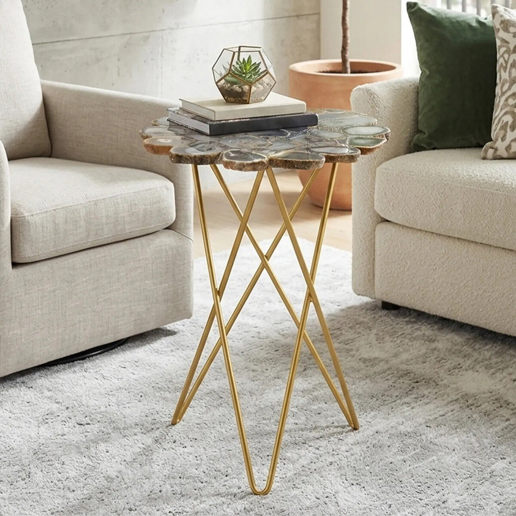 Orsina Jaipur Agate Side Table – Gold Trim & Hairpin Metal Legs