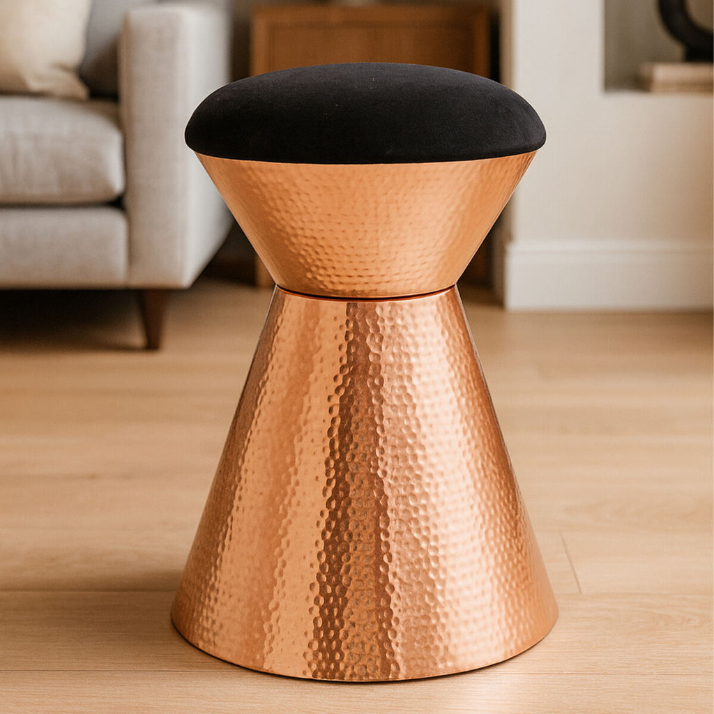 Orsina Jaipur Black Velvet Stool | Copper Finish Vanity Seat