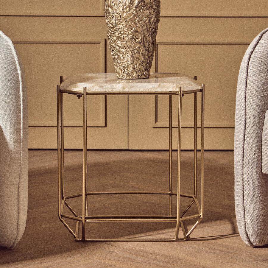 Orsina Jaipur White Quartz Side Table – Octagonal Stone & Metal Base