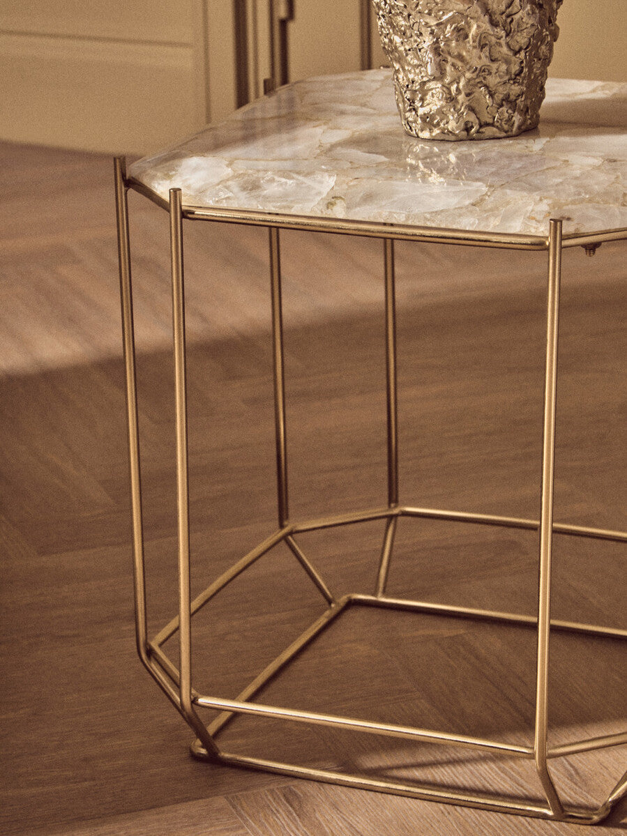 Orsina Jaipur White Quartz Side Table – Octagonal Stone & Metal Base